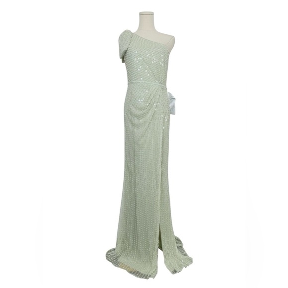 NWT $598 Mac Duggal Pearl Embellished Soft Tie One Shoulder Gown Mint Green Teal - Picture 6 of 14